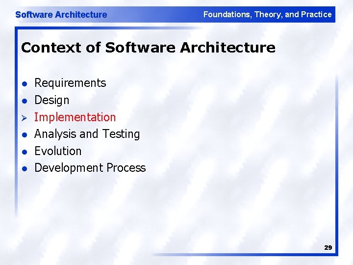 Software Architecture Foundations, Theory, and Practice Context of Software Architecture l l Ø l