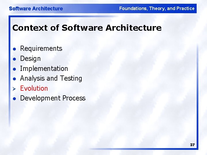 Software Architecture Foundations, Theory, and Practice Context of Software Architecture l l Ø l