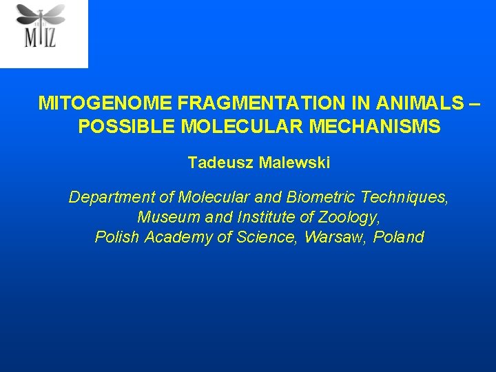 MITOGENOME FRAGMENTATION IN ANIMALS – POSSIBLE MOLECULAR MECHANISMS Tadeusz Malewski Department of Molecular and