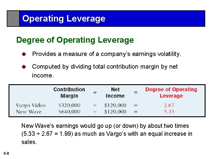 Operating Leverage Degree of Operating Leverage u Provides a measure of a company’s earnings