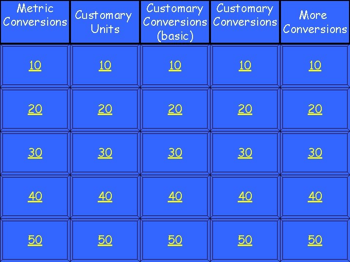 Customary Metric Customary More Conversions Units Conversions (basic) 10 10 10 20 20 20