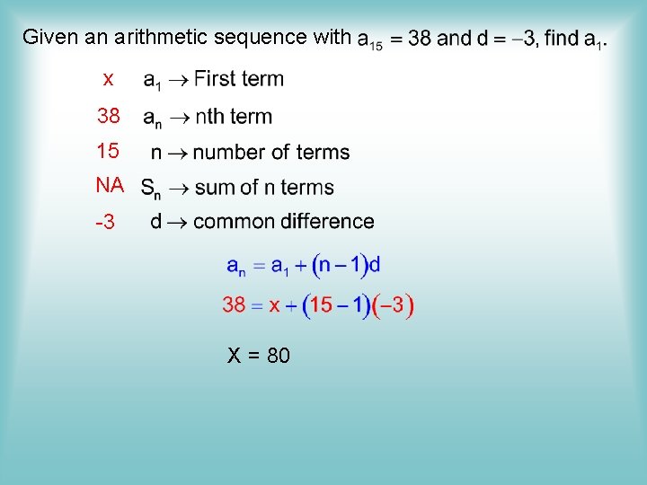 Given an arithmetic sequence with x 38 15 NA -3 X = 80 