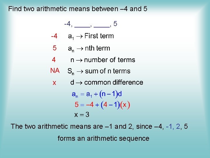 Find two arithmetic means between – 4 and 5 -4, ____, 5 -4 5