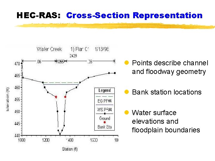 HEC-RAS: Cross-Section Representation l Points describe channel and floodway geometry l Bank station locations