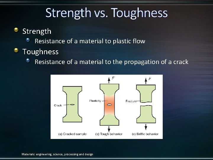 Strength Resistance of a material to plastic flow Toughness Resistance of a material to