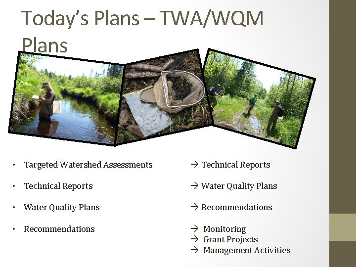 Today’s Plans – TWA/WQM Plans • Targeted Watershed Assessments Technical Reports • Technical Reports