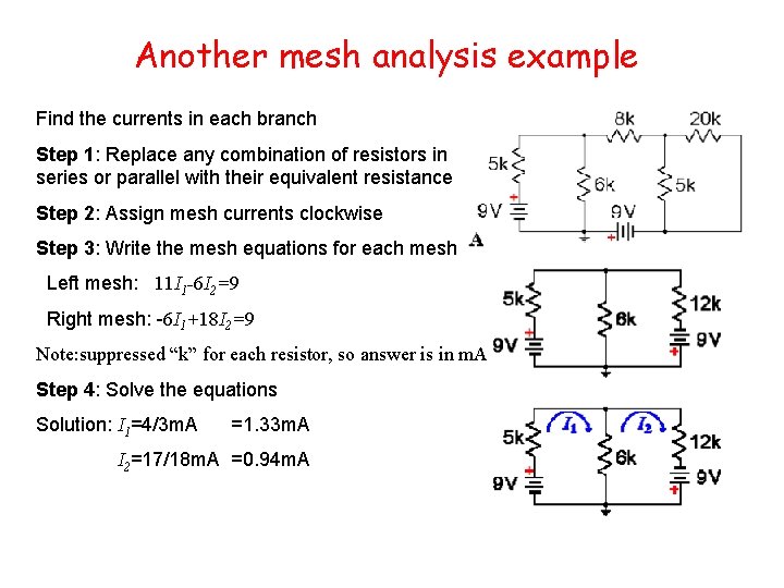 Another mesh analysis example Find the currents in each branch Step 1: Replace any