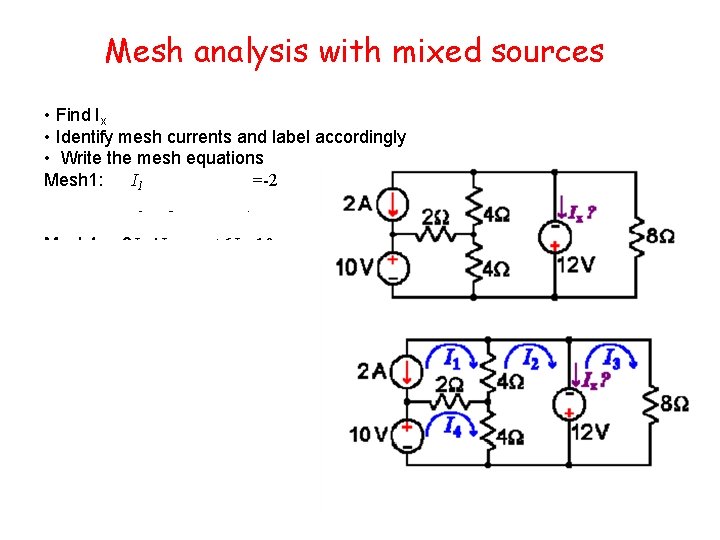 Mesh analysis with mixed sources • Find Ix • Identify mesh currents and label