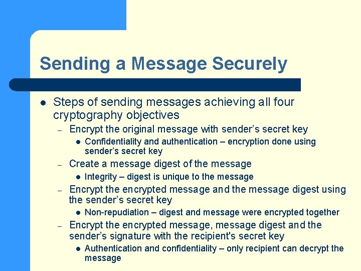 Sending a Message Securely l Steps of sending messages achieving all four cryptography objectives