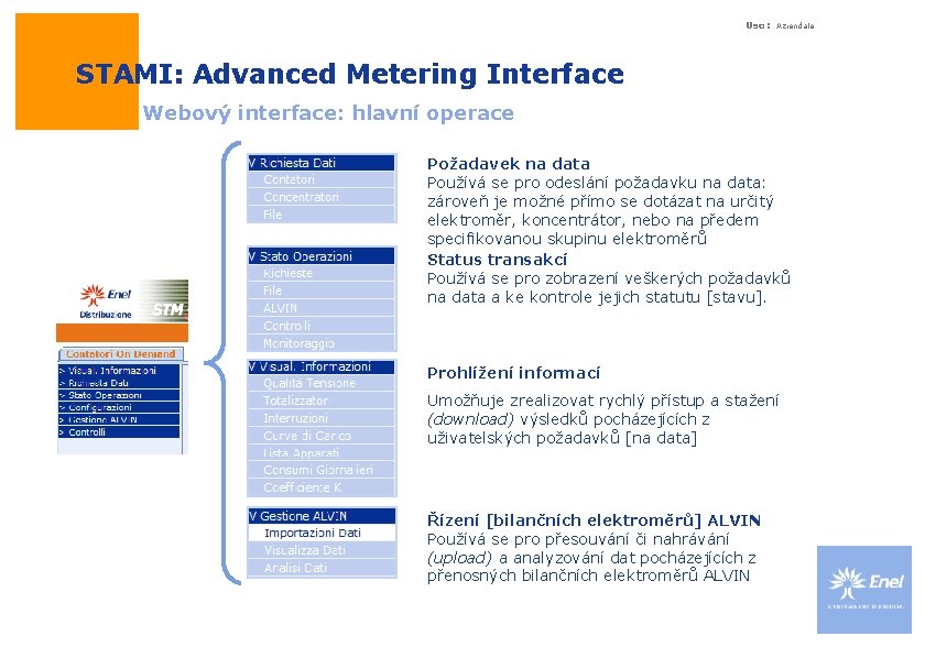 Uso: Aziendale STAMI: Advanced Metering Interface Webový interface: hlavní operace Požadavek na data Používá