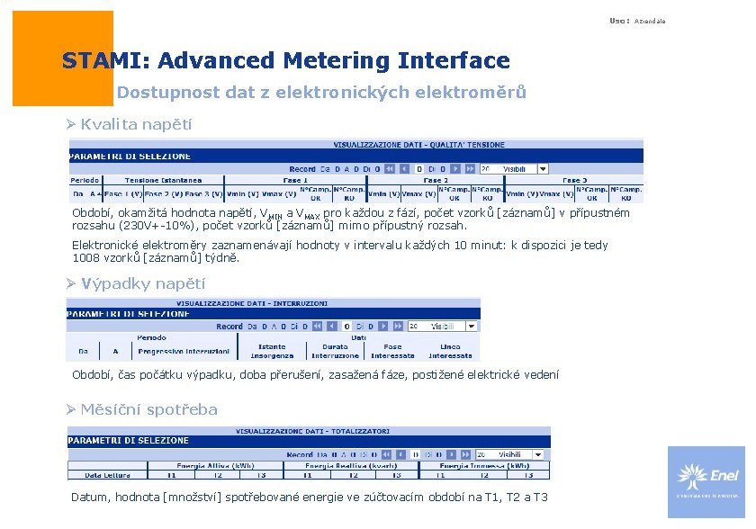 Uso: STAMI: Advanced Metering Interface Dostupnost dat z elektronických elektroměrů Ø Kvalita napětí Období,