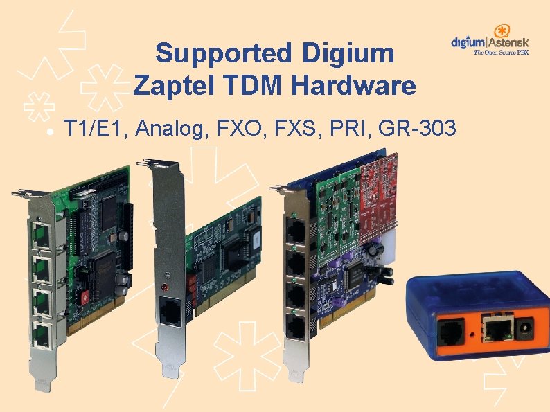 Supported Digium Zaptel TDM Hardware T 1/E 1, Analog, FXO, FXS, PRI, GR-303 