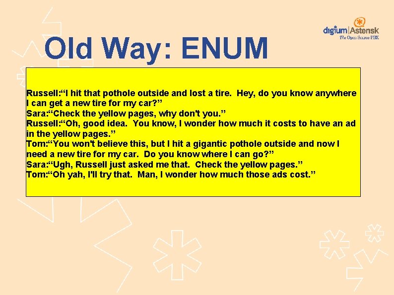 Old Way: ENUM Russell: “I hit that pothole outside and lost a tire. Hey,