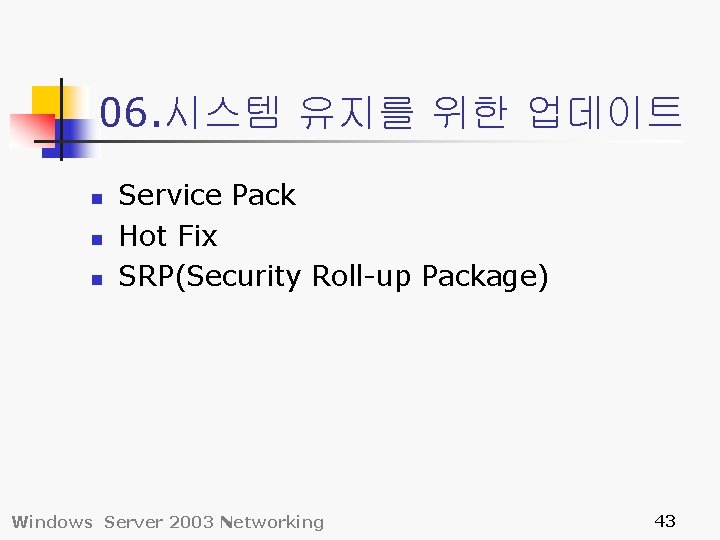 06. 시스템 유지를 위한 업데이트 n n n Service Pack Hot Fix SRP(Security Roll-up
