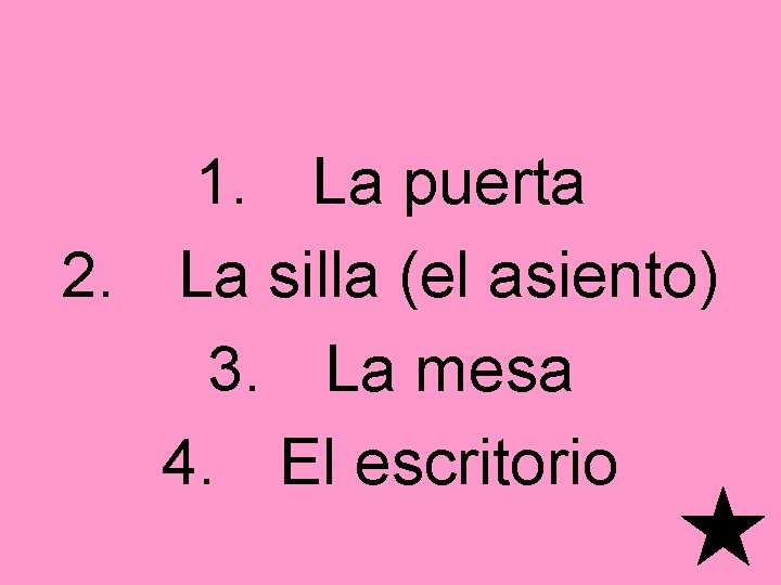 1. La puerta 2. La silla (el asiento) 3. La mesa 4. El escritorio