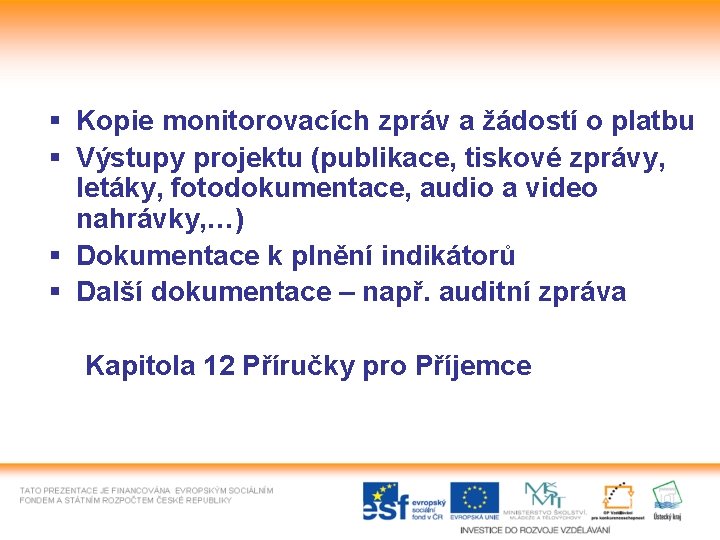 § Kopie monitorovacích zpráv a žádostí o platbu § Výstupy projektu (publikace, tiskové zprávy,