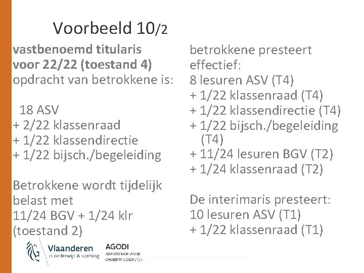 Voorbeeld 10/2 vastbenoemd titularis voor 22/22 (toestand 4) opdracht van betrokkene is: 18 ASV