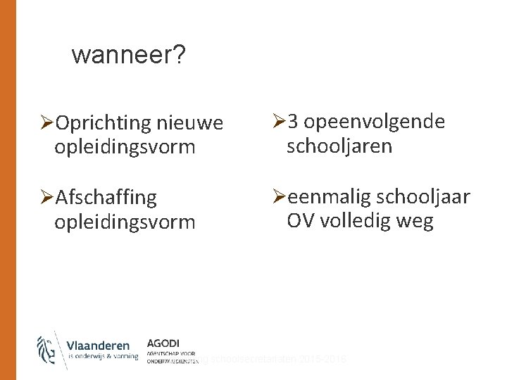 wanneer? ØOprichting nieuwe Ø 3 opeenvolgende ØAfschaffing Øeenmalig schooljaar opleidingsvorm schooljaren OV volledig weg