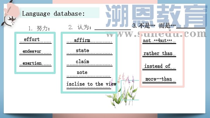 Language database: 1. 努力： effort ----------- endeavor 2. 认为： affirm ---------------state -------------------------- exertion --------------------------