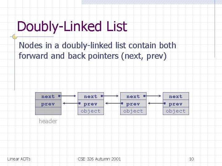 Doubly-Linked List Nodes in a doubly-linked list contain both forward and back pointers (next,