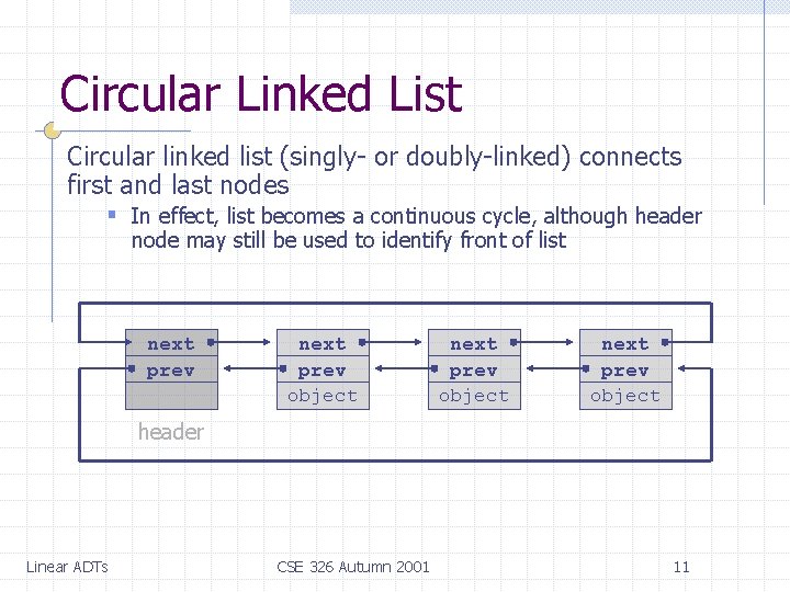 Circular Linked List Circular linked list (singly- or doubly-linked) connects first and last nodes