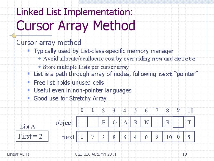Linked List Implementation: Cursor Array Method Cursor array method § Typically used by List-class-specific