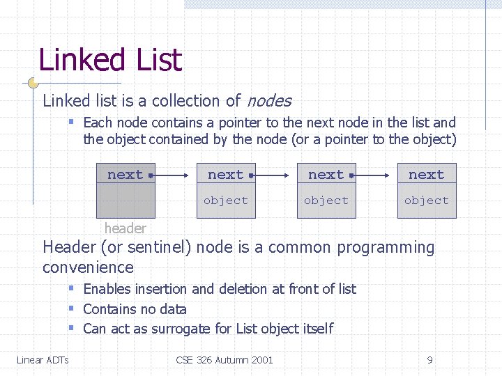 Linked List Linked list is a collection of nodes § Each node contains a