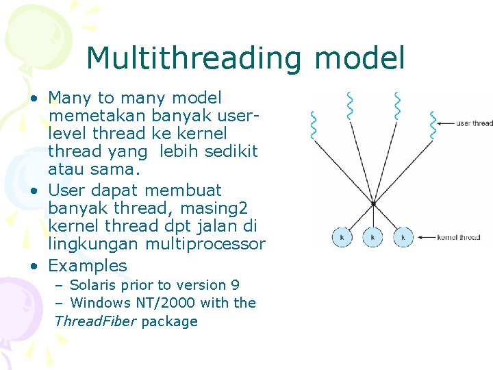 Multithreading model • Many to many model memetakan banyak userlevel thread ke kernel thread