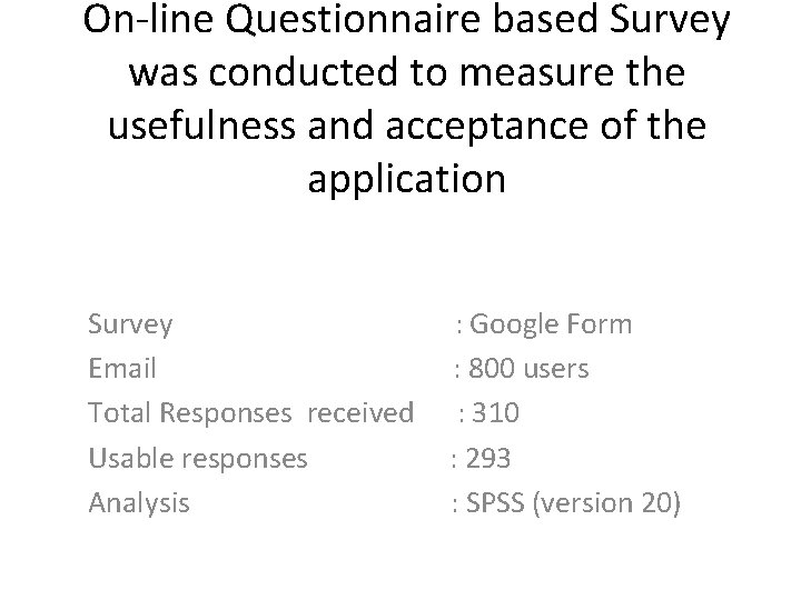 On-line Questionnaire based Survey was conducted to measure the usefulness and acceptance of the