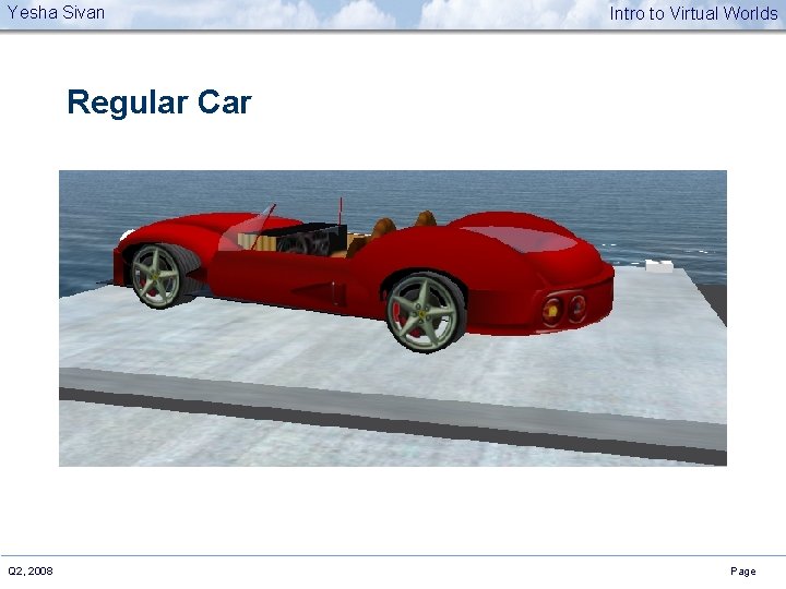 Yesha Sivan Intro to Virtual Worlds Regular Car Q 2, 2008 Page 