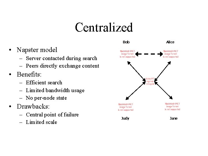 Centralized Bob Alice • Napster model – Server contacted during search – Peers directly