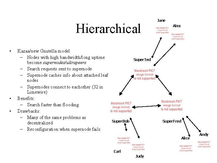 Hierarchical • • • Kazaa/new Gnutella model – Nodes with high bandwidth/long uptime become