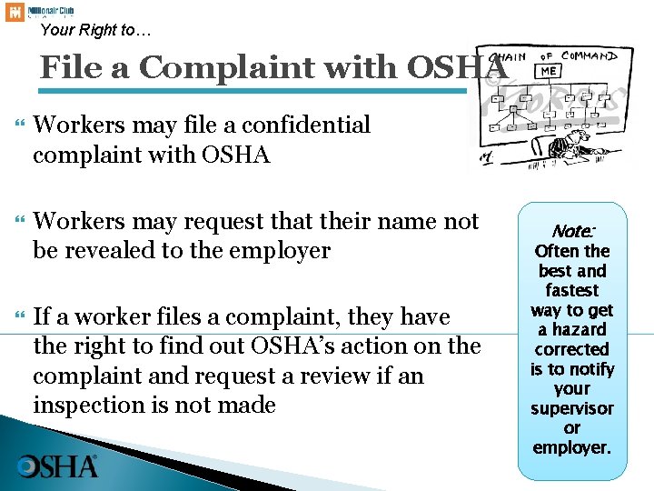 Your Right to… File a Complaint with OSHA Workers may file a confidential complaint