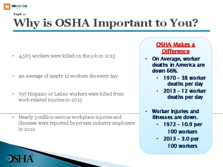 Topic 1: Why is OSHA Important to You? 4, 585 workers were killed on