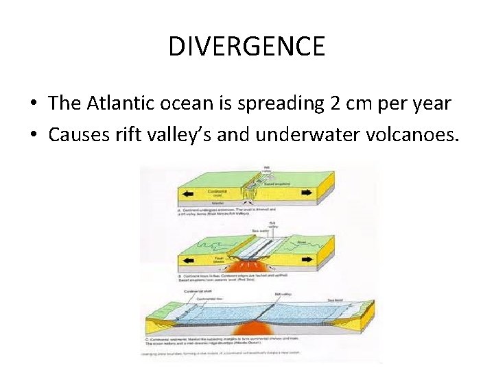 DIVERGENCE • The Atlantic ocean is spreading 2 cm per year • Causes rift