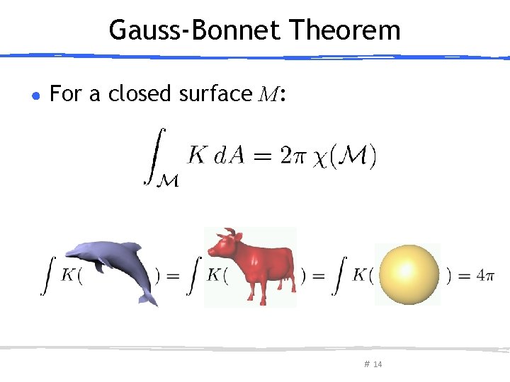 Gauss-Bonnet Theorem ● For a closed surface M: # 14 