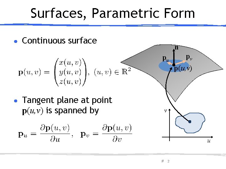 Surfaces, Parametric Form ● Continuous surface n pu pv p(u, v) ● Tangent plane