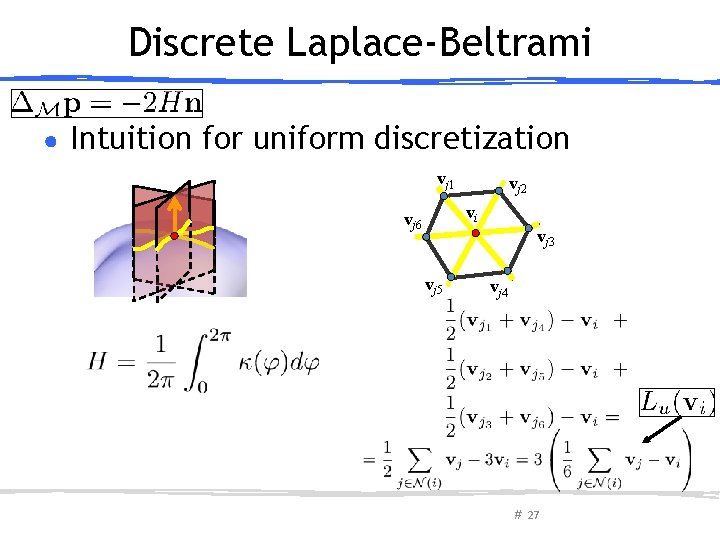 Discrete Laplace-Beltrami ● Intuition for uniform discretization vj 1 vj 2 vi vj 6