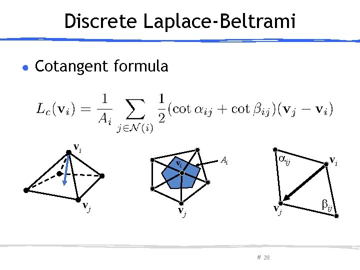 Discrete Laplace-Beltrami ● Cotangent formula vi vi vj ij Ai vj vj # 28