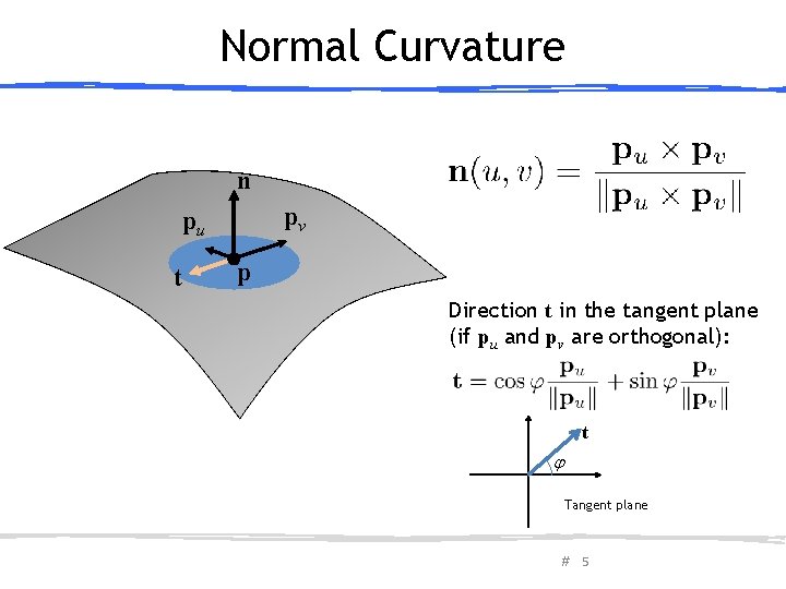 Normal Curvature n pv pu t p Direction t in the tangent plane (if