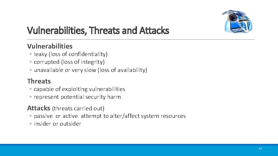Vulnerabilities, Threats and Attacks Vulnerabilities ◦ leaky (loss of confidentiality) ◦ corrupted (loss of