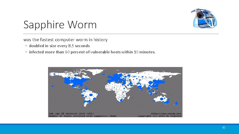 Sapphire Worm was the fastest computer worm in history ◦ doubled in size every