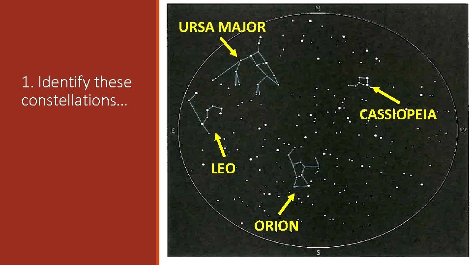 URSA MAJOR 1. Identify these constellations… CASSIOPEIA LEO ORION 