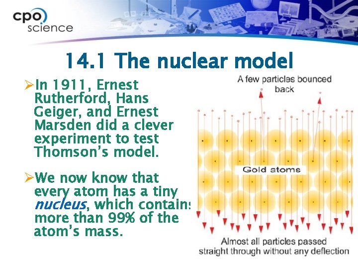 14. 1 The nuclear model ØIn 1911, Ernest Rutherford, Hans Geiger, and Ernest Marsden