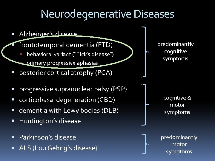 Neurodegenerative Diseases Alzheimer’s disease frontotemporal dementia (FTD) behavioral variant (“Pick’s disease”) primary progressive aphasias Neurodegenerative Diseases Alzheimer’s disease frontotemporal dementia (FTD) behavioral variant (“Pick’s disease”) primary progressive aphasias