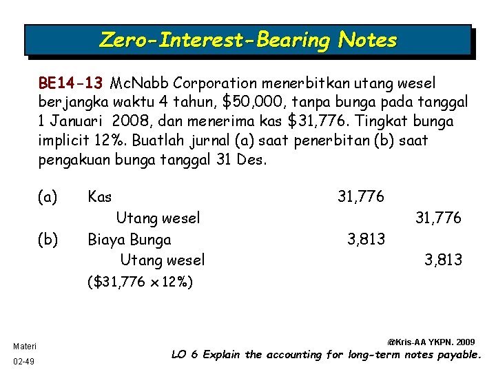 Zero-Interest-Bearing Notes BE 14 -13 Mc. Nabb Corporation menerbitkan utang wesel berjangka waktu 4