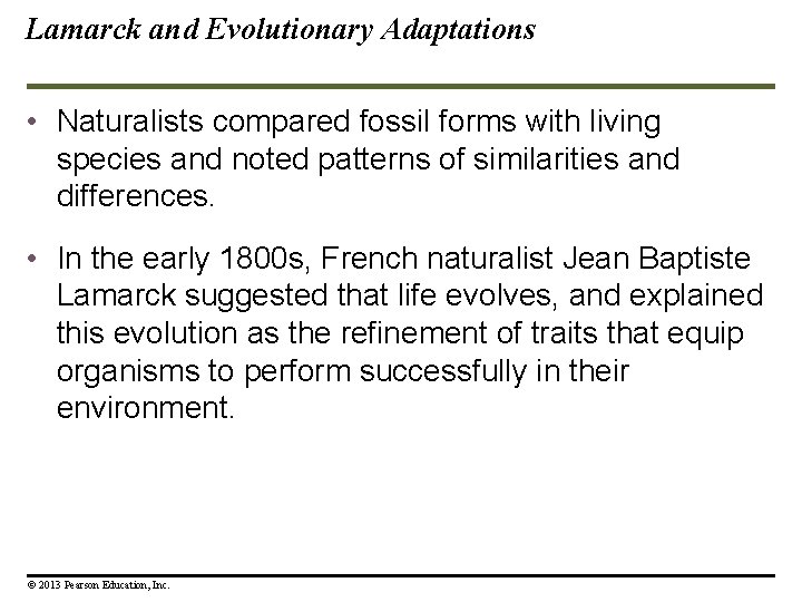 Lamarck and Evolutionary Adaptations • Naturalists compared fossil forms with living species and noted