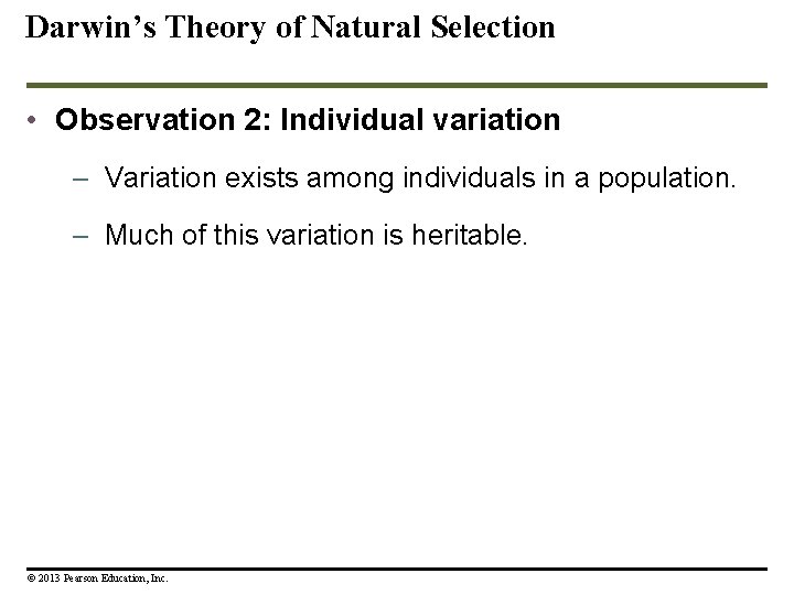 Darwin’s Theory of Natural Selection • Observation 2: Individual variation – Variation exists among