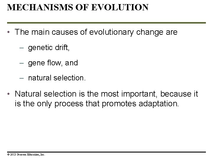 MECHANISMS OF EVOLUTION • The main causes of evolutionary change are – genetic drift,