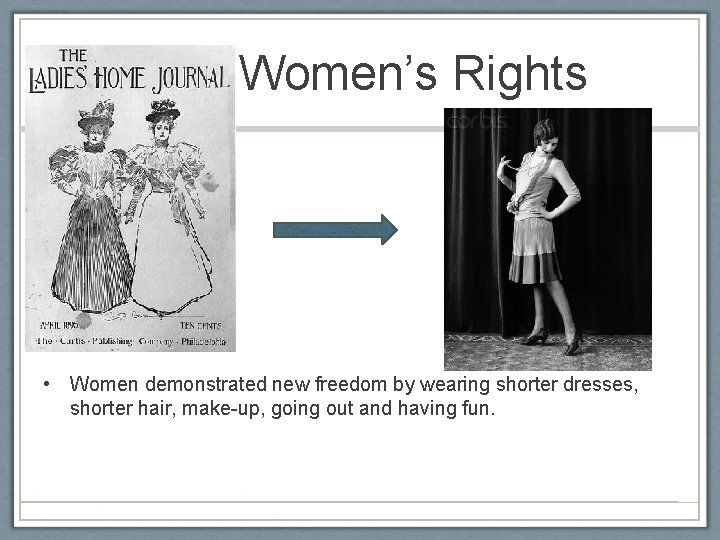 Women’s Rights • Women demonstrated new freedom by wearing shorter dresses, shorter hair, make-up,